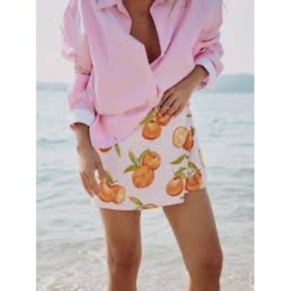 Zara Pink Orange Fruit Print Linen Blend Wrap Skort Mini Skirt Vacation Womens L